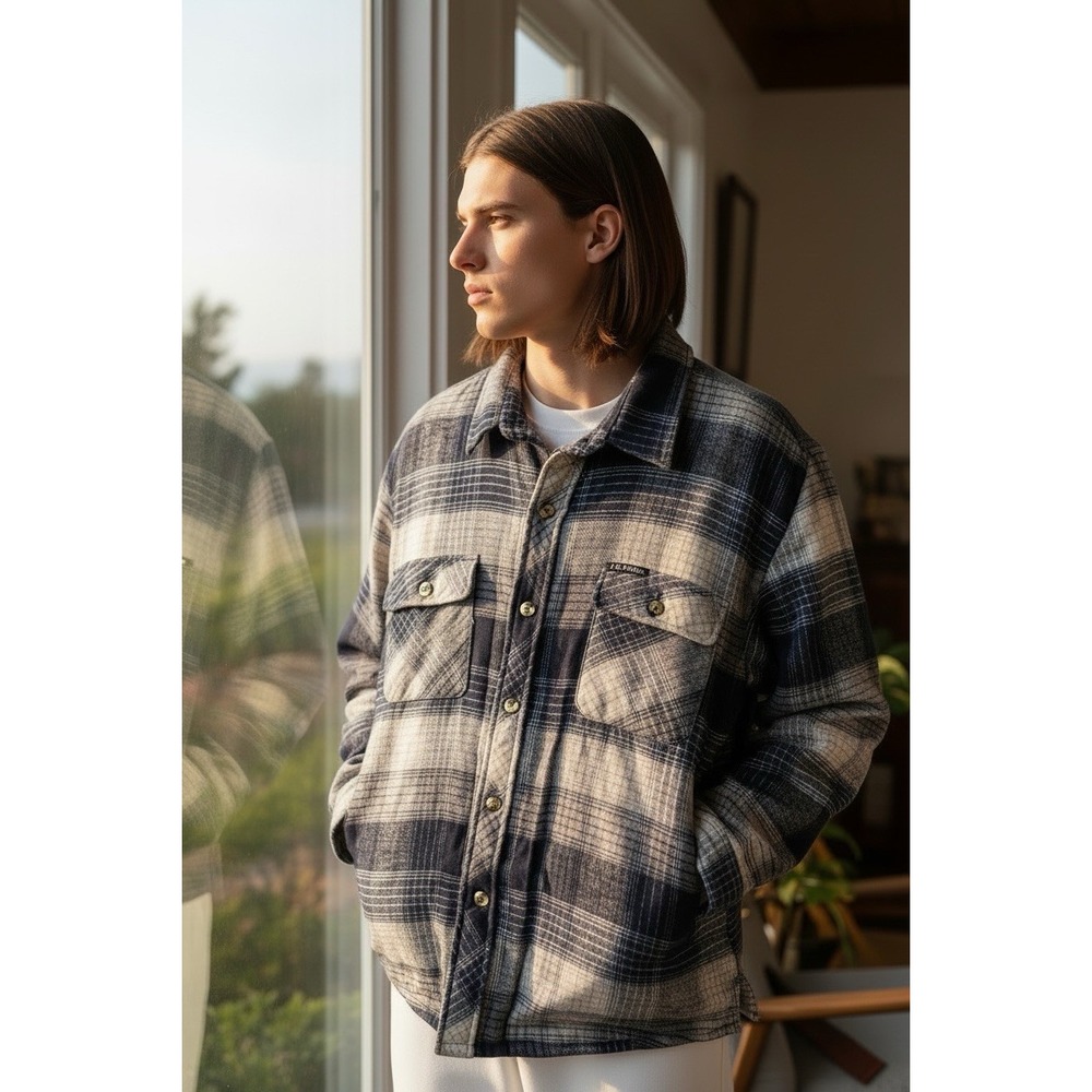 vtg JG Hook Men Grunge Skater Flannel Shirt/Jacket Sz XL sherpa lined Gray B/W